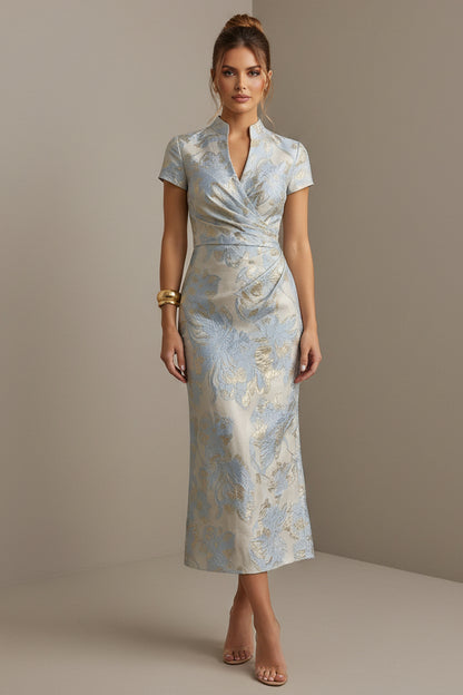 Jacquard Wrap Midi Dress with Cap Sleeves
