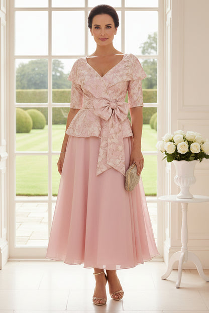 Elegant Jacquard Peplum Dress with Chiffon Skirt