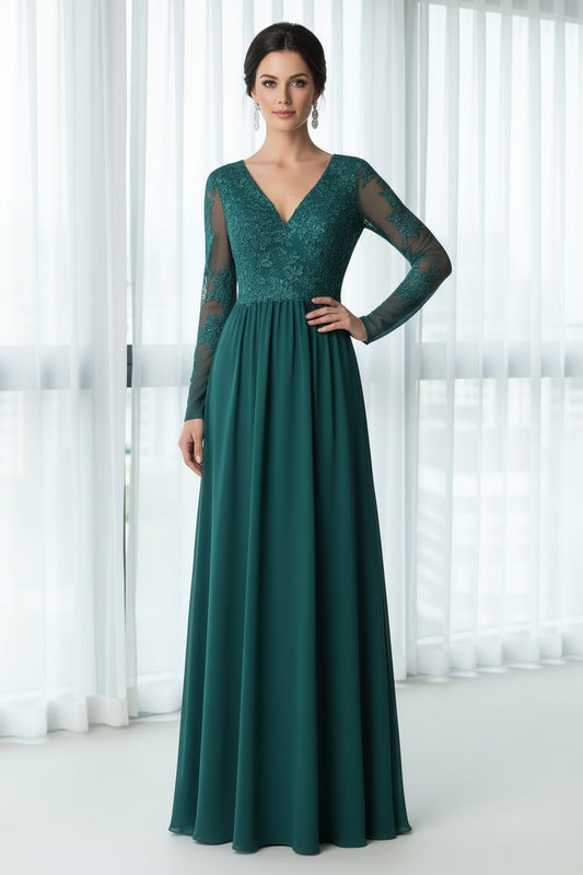 V-Neck Long Sleeve Lace Chiffon Cape Dress