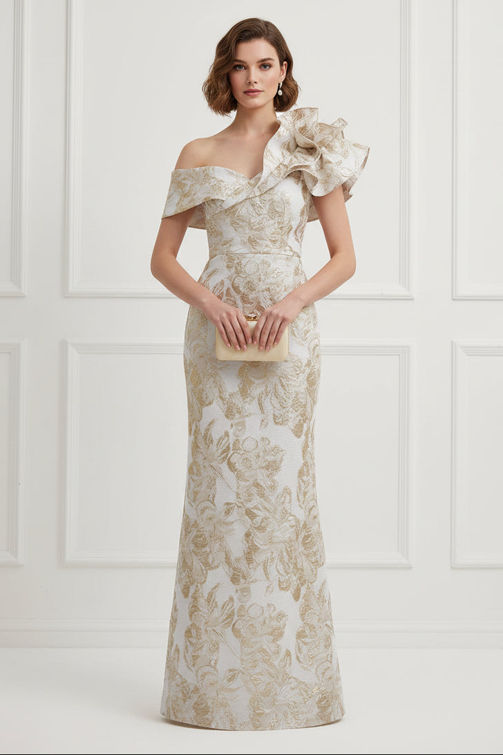One-Shoulder Metallic Jacquard Column Evening Gown