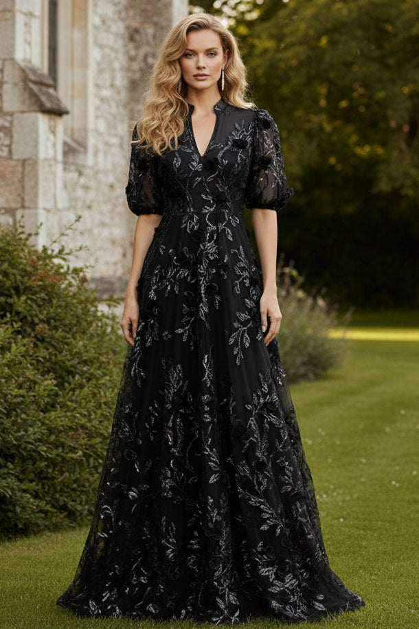 3D Floral Applique Short Sleeve A-Line Gown