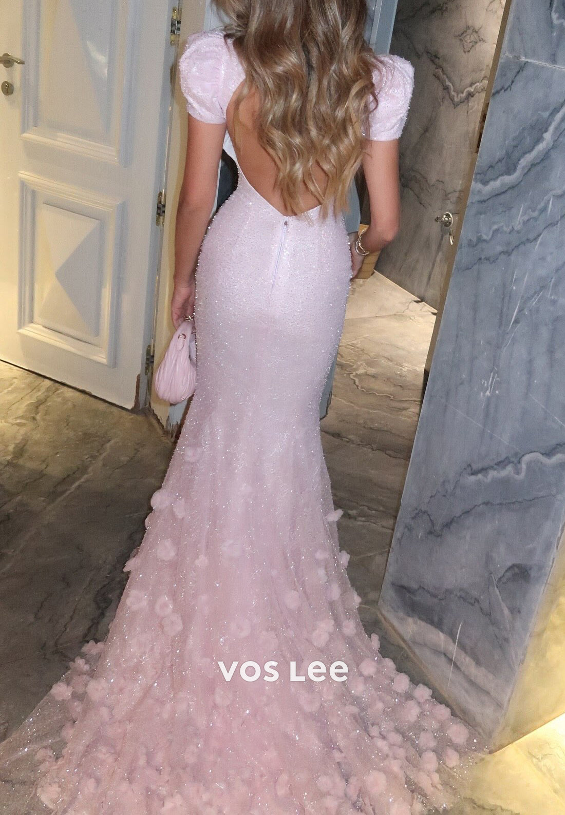 Sequin Mermaid Gown with 3D Floral Train