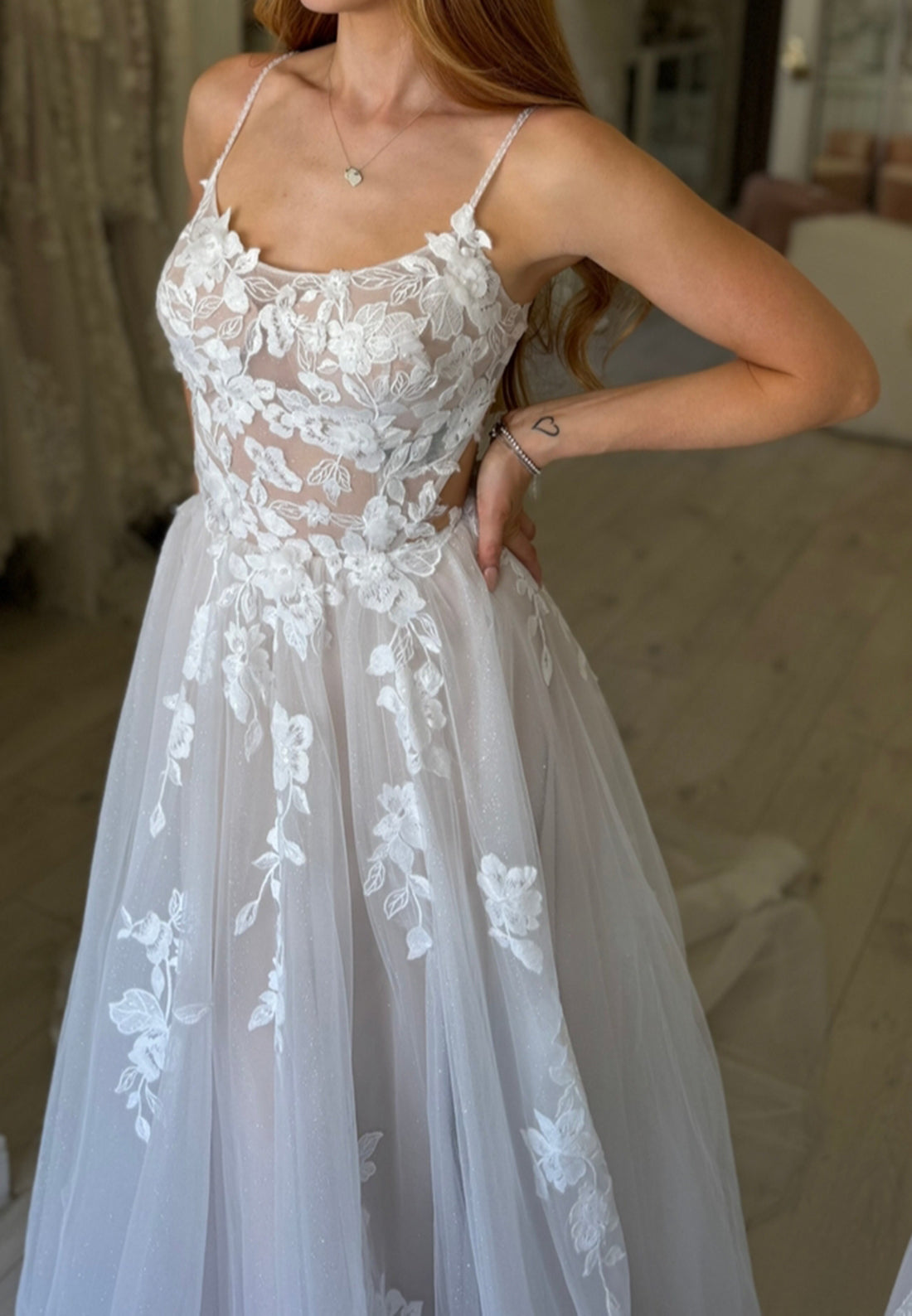 Floral Lace A-Line Wedding Dress with High Slit