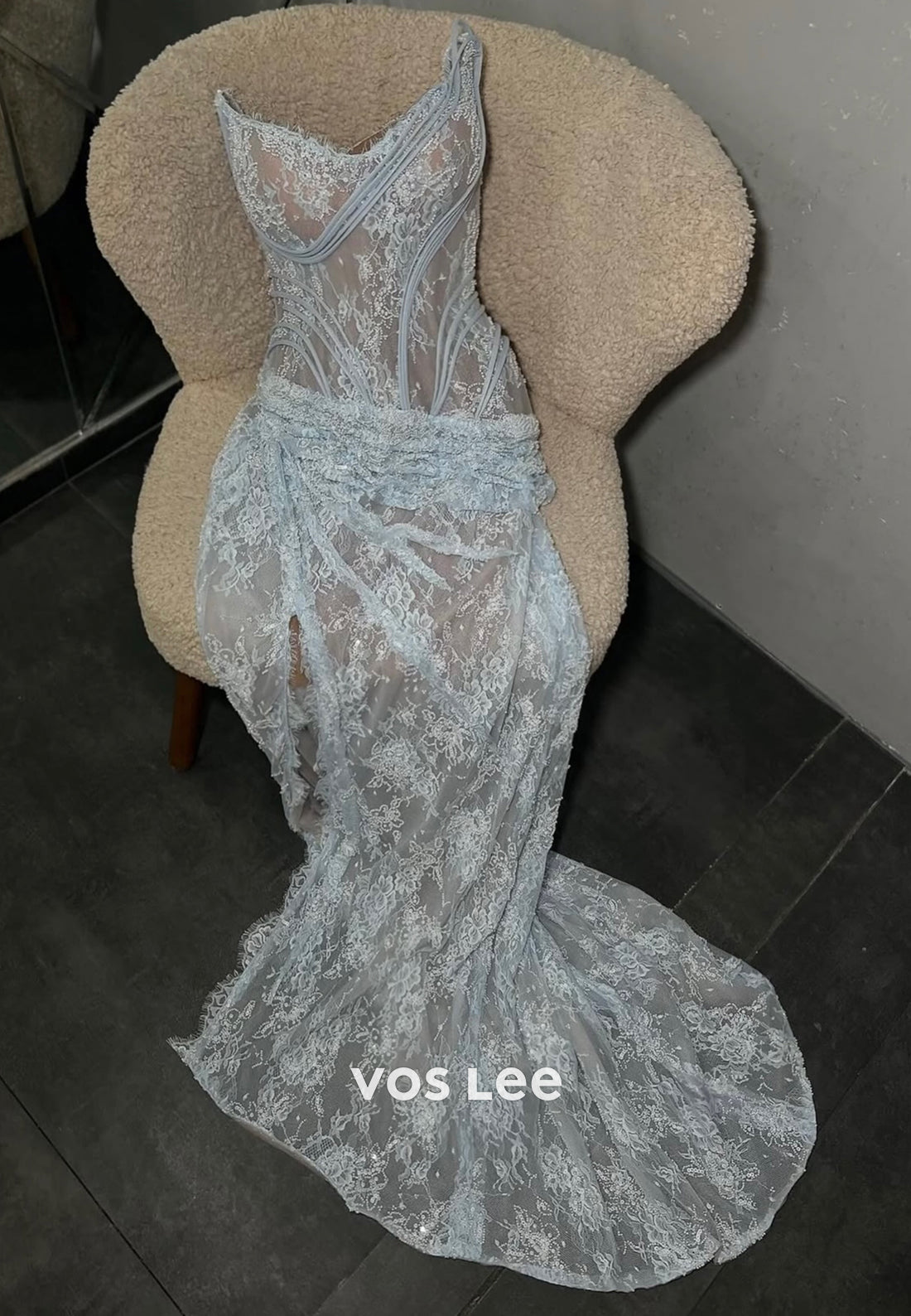 Lace Corset Evening Gown with High Slit