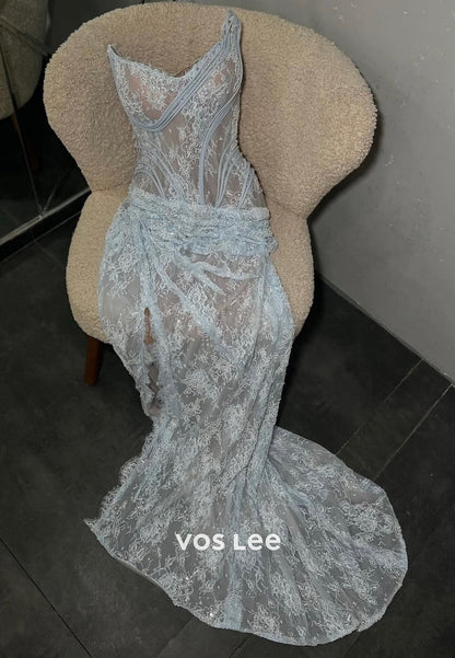 Lace Corset Evening Gown with High Slit