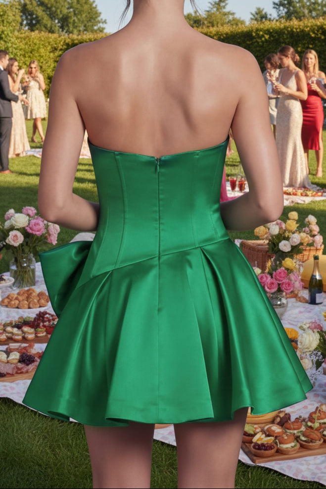 Crystal Sweetheart Satin Mini Dress with Oversized Bow