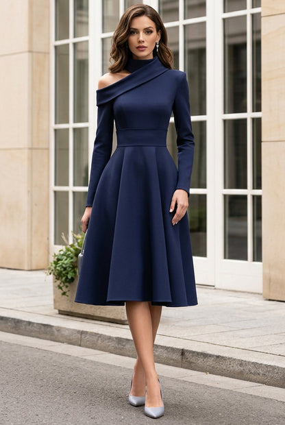Asymmetric Neck A-Line Midi Dress with Long Sleeves