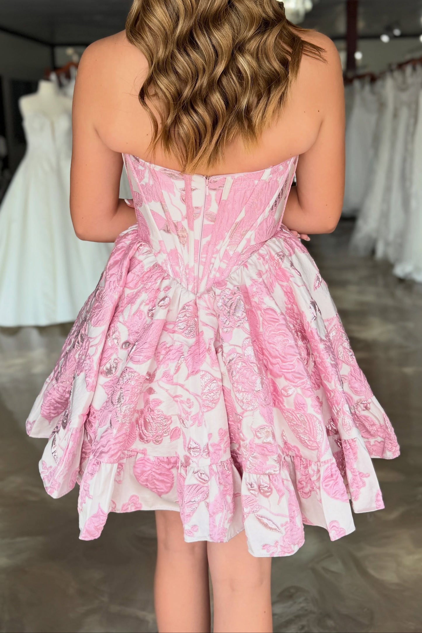Strapless Jacquard Corset Mini Dress with Tiered Ruffle Skirt