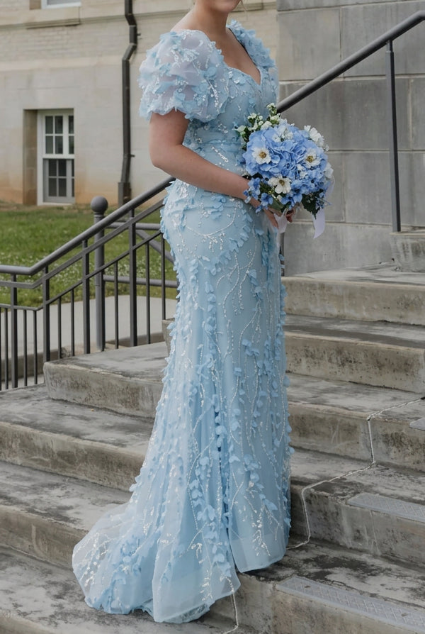 3D Floral Sequin Gown with Bow Accent