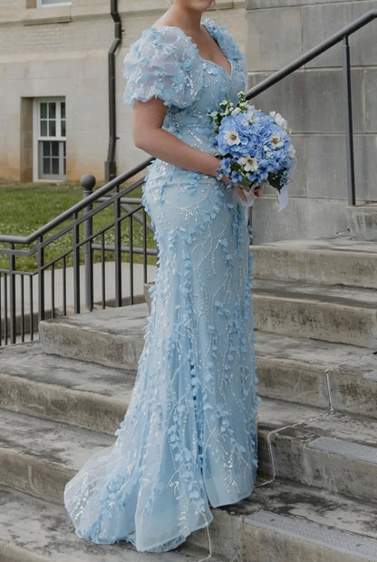 3D Floral Sequin Gown with Bow Accent