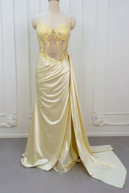Corset Evening Gown with Slit and Beading