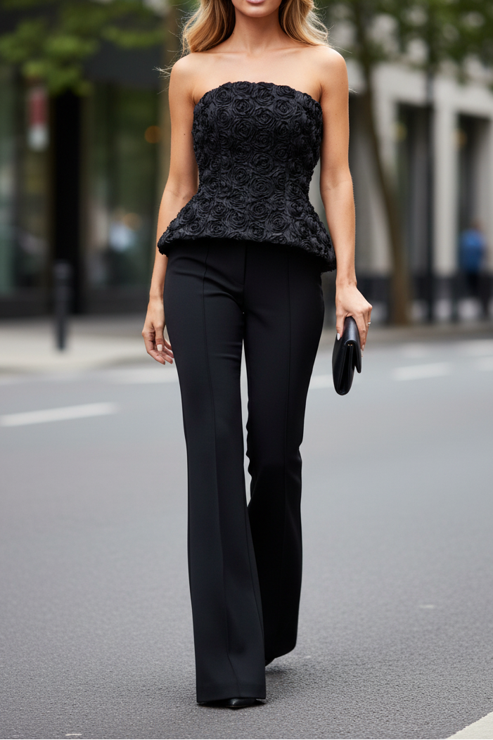 Black Rosette Strapless Peplum Top & Flare Pants Set