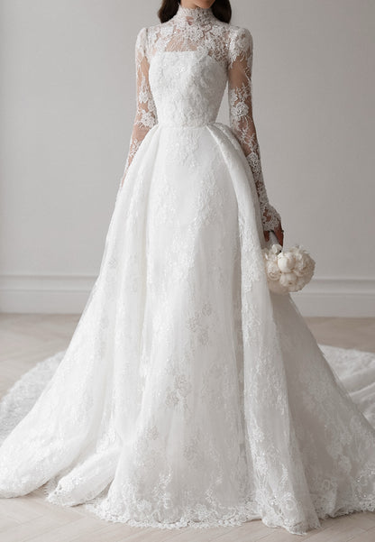 High-Neck Lace Long-Sleeve Ball Gown Wedding Dress