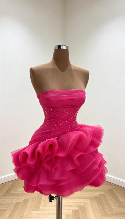 Strapless Ruffled Tulle Mini Dress with Beaded Bodice