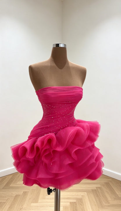 Strapless Ruffled Tulle Mini Dress with Beaded Bodice