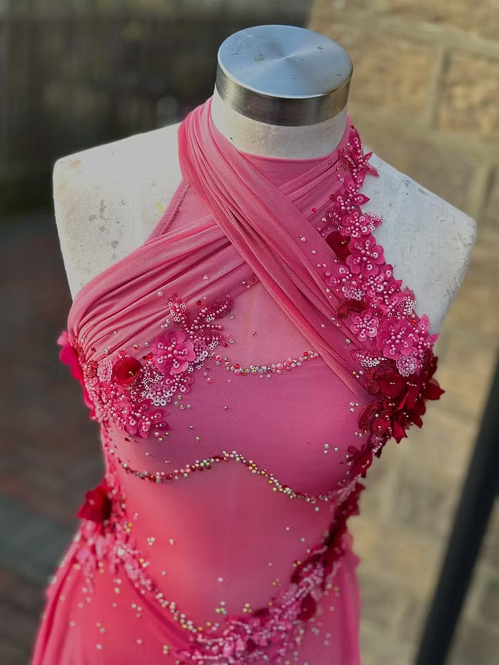 Asymmetrical Halter Neck Mini Dress with 3D Flowers