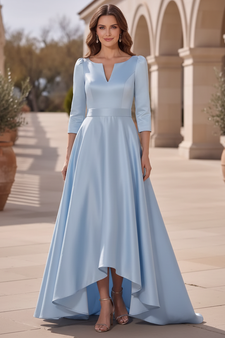 High-Low Satin Evening Gown with 3/4 Sleeves