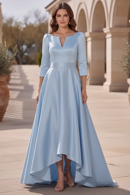 High-Low Satin Evening Gown with 3/4 Sleeves