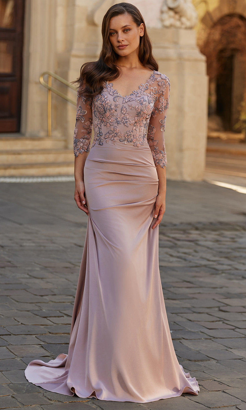 Embroidered 3/4 Sleeve Ruched Mermaid Gown