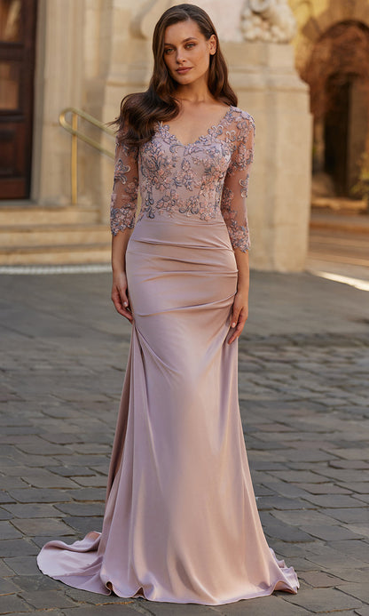 Embroidered 3/4 Sleeve Ruched Mermaid Gown