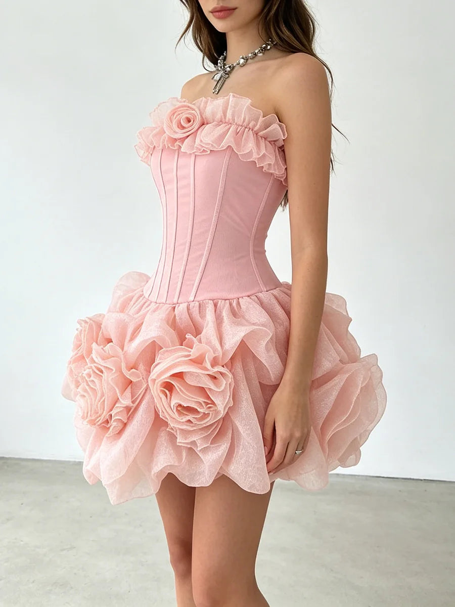 Strapless Corset 3D Rose Ruffle Mini Dress