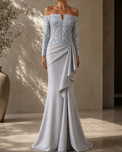 Off-the-Shoulder Long Sleeve Draped Evening Gown