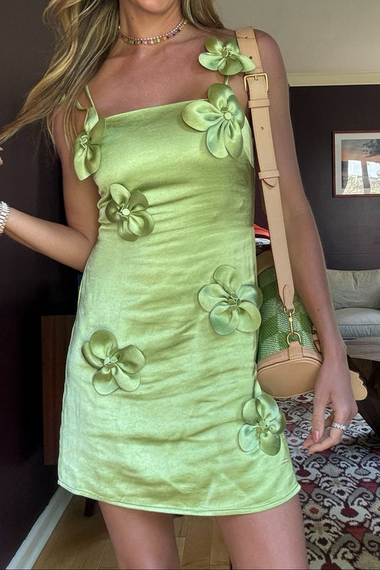 3D Floral Applique Satin Slip Mini Dress