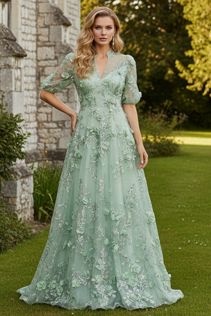 3D Floral Applique Short Sleeve A-Line Gown