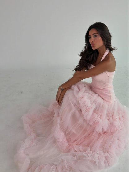 Ruched Halter Tiered Ruffle Tulle Gown