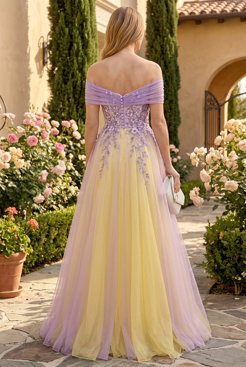 Floral Applique Off-the-Shoulder A-Line Gown