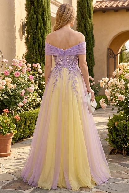 Floral Applique Off-the-Shoulder A-Line Gown