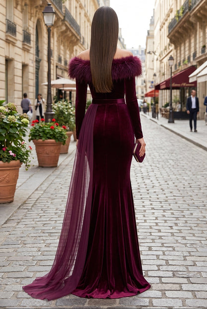 Feather Off-Shoulder Velvet Gown with Train