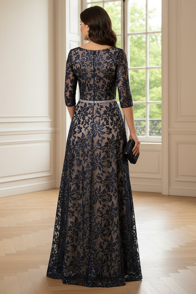 Sequined Lace A-Line Evening Dress with 3/4 Sleeves