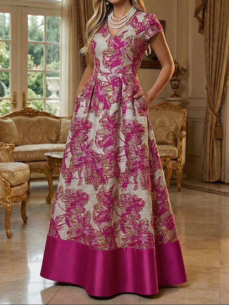 Floral Jacquard A-Line Gown with Pockets