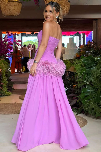 Strapless Pleated A-Line Gown with Feather Trim