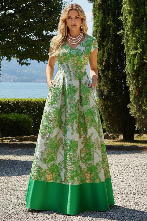 Floral Jacquard A-Line Gown with Pockets