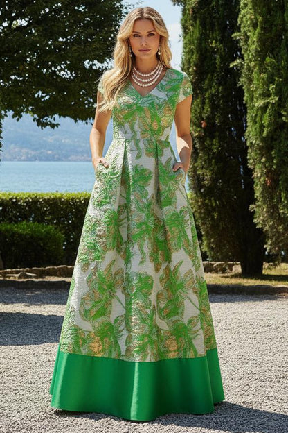 Floral Jacquard A-Line Gown with Pockets