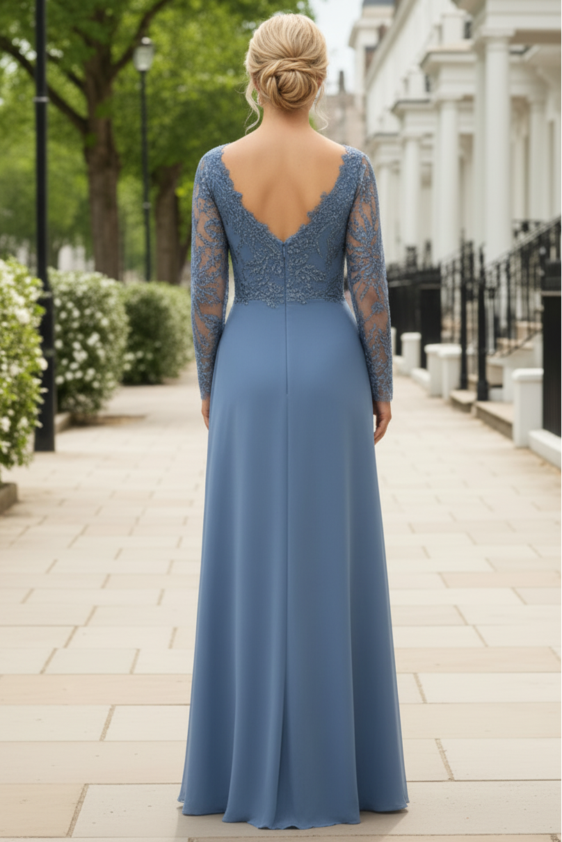 Embroidered Long Sleeve Ruched Evening Gown