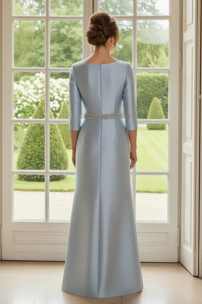 Satin Bateau Neck 3/4 Sleeve Evening Gown
