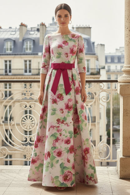 Elegant Floral A-Line Maxi Dress with Bow Sash