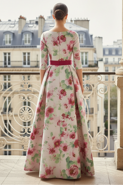 Elegant Floral A-Line Maxi Dress with Bow Sash