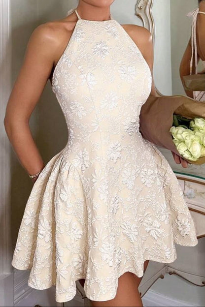 Floral Jacquard Halter Mini Dress