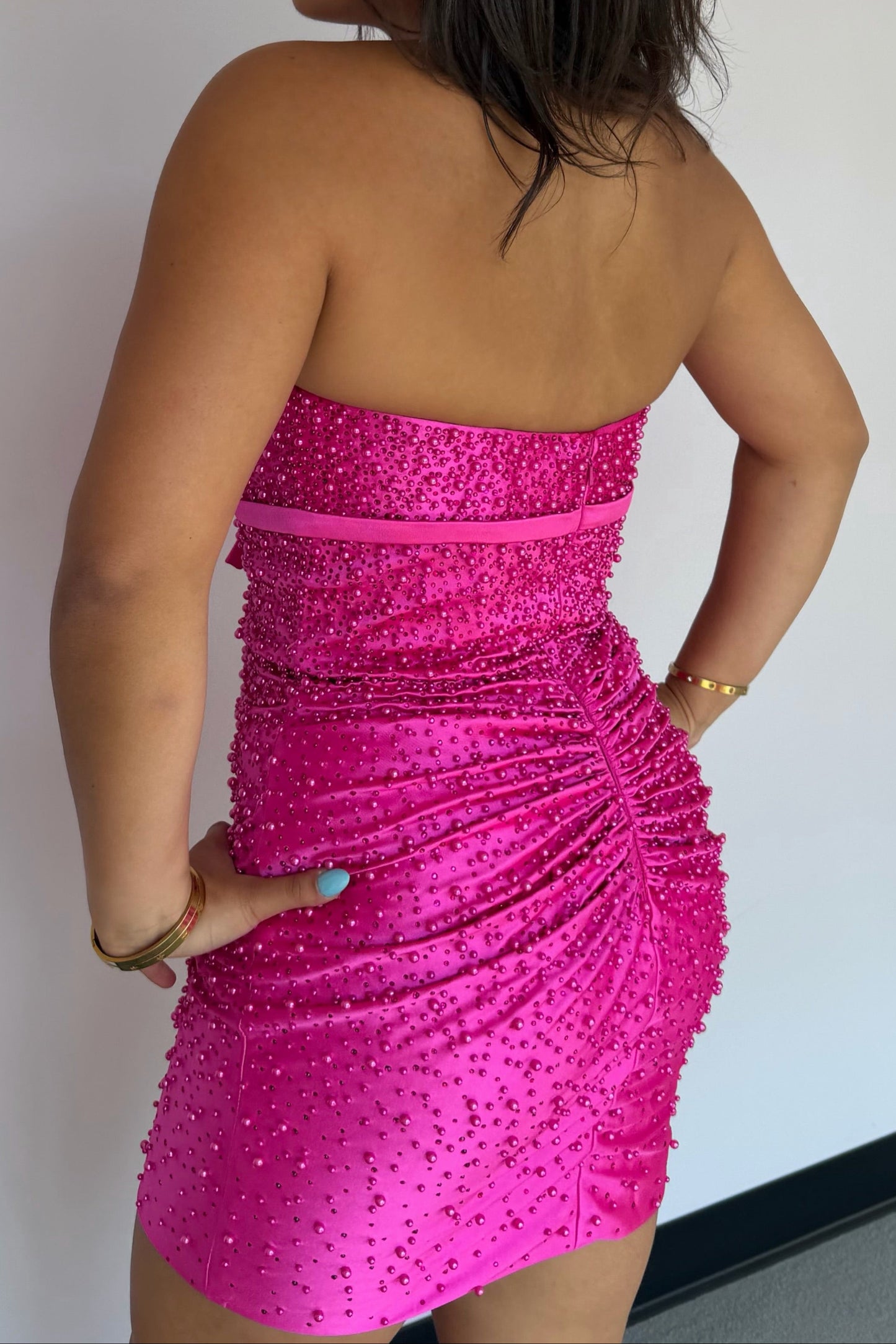 Beaded Halter Mini Dress with Deep-V Neckline & Ruched Back
