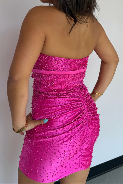 Beaded Halter Mini Dress with Deep-V Neckline & Ruched Back