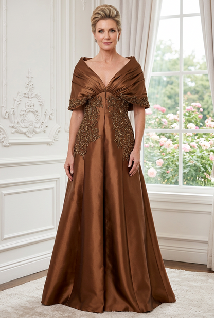 Embroidered Beaded Shawl Collar Evening Gown