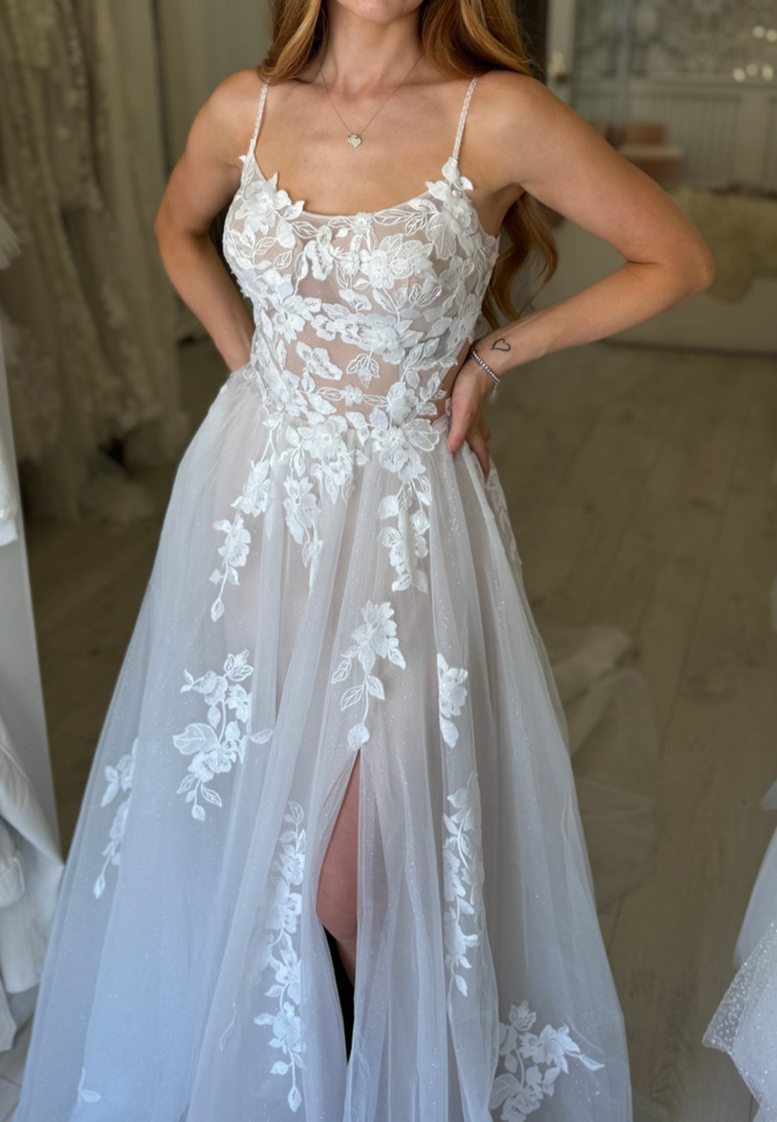 Floral Lace A-Line Wedding Dress with High Slit