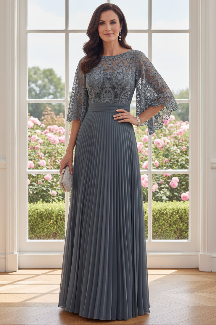 Lace Cape Sleeve Pleated Maxi Dress