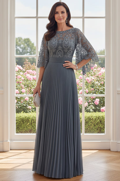 Lace Cape Sleeve Pleated Maxi Dress