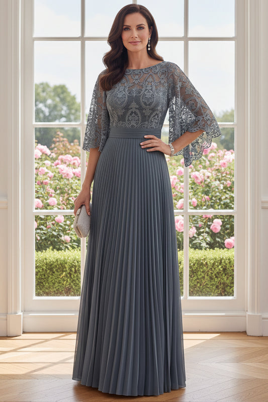 Lace Cape Sleeve Pleated Maxi Dress