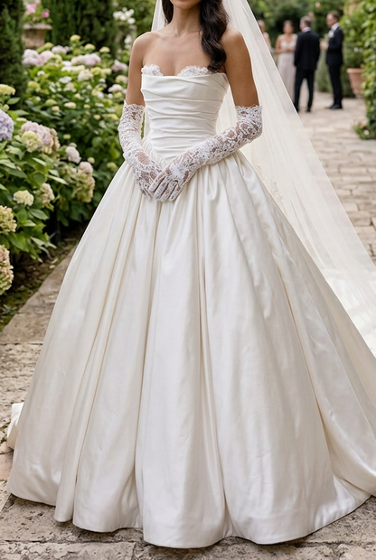 Strapless Ruched Satin Wedding Dress with Train